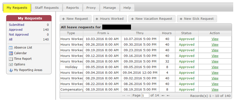 Screenshot from TAS system showing requests for time off