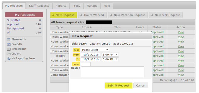 Screenshot from TAS system showing new request for time off