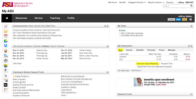 Screenshot of MyASU page